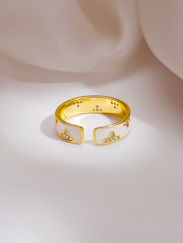Gold Plated Ivory Clover Bloom Enamel Adjustable Ring