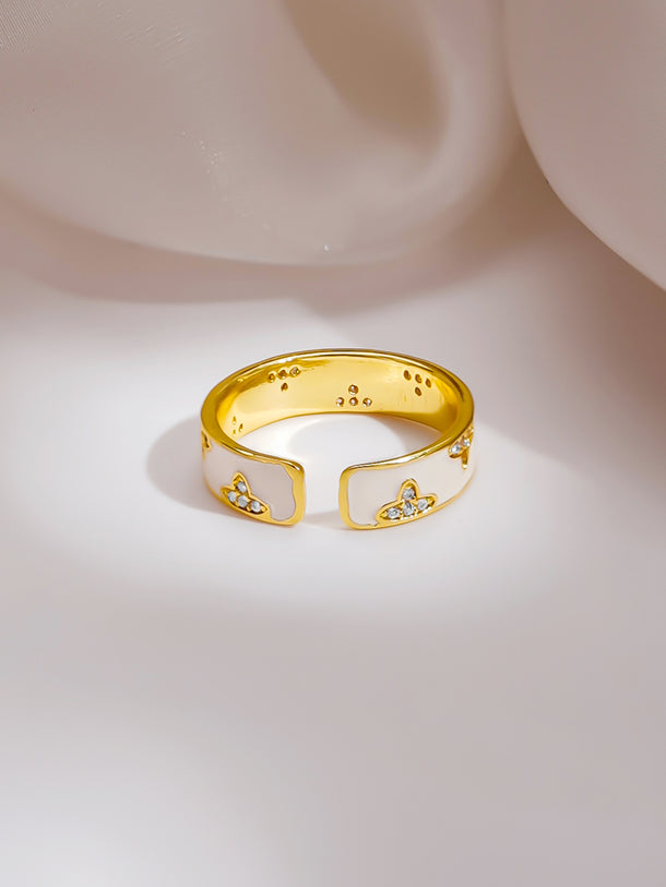 Gold Plated Ivory Clover Bloom Enamel Adjustable Ring