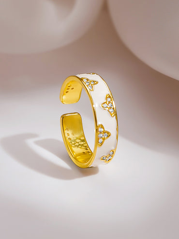 Gold Plated Ivory Clover Bloom Enamel Adjustable Ring