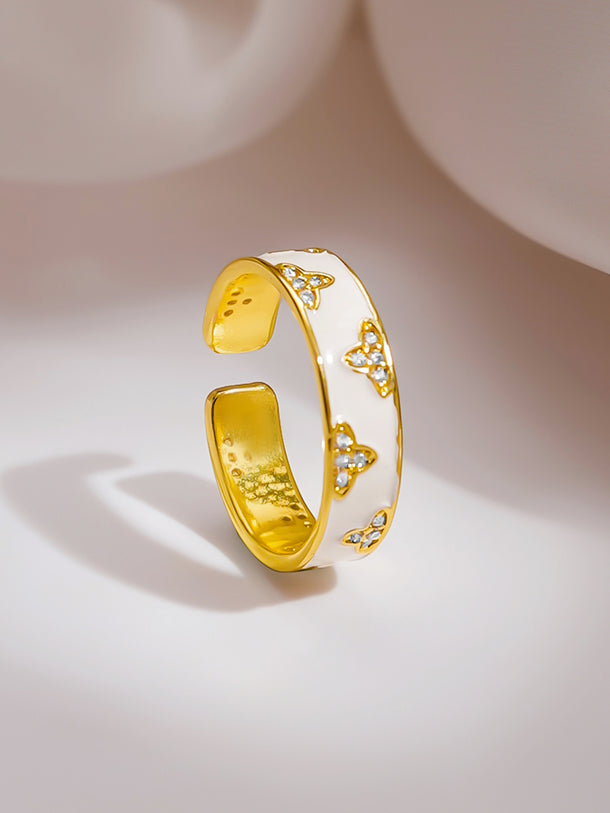 Gold Plated Ivory Clover Bloom Enamel Adjustable Ring