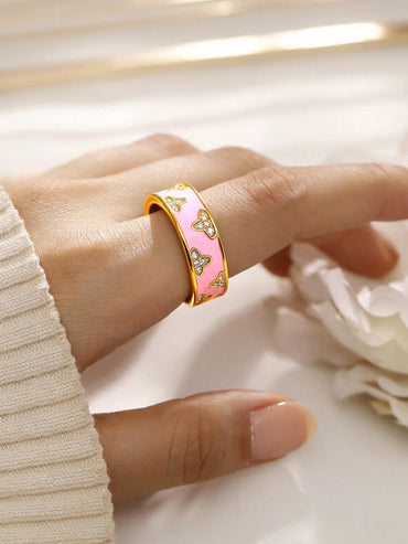 Gold Plated Floral Design Enamel Pink Finger Ring