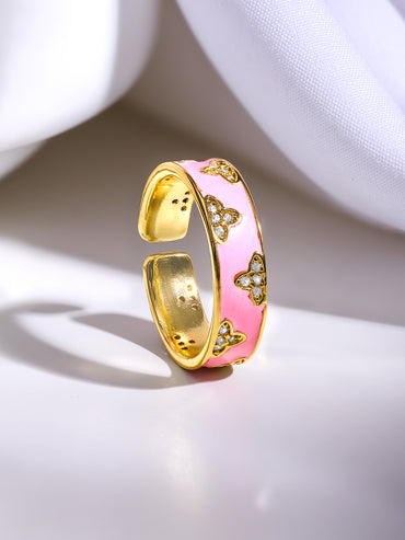 Gold Plated Floral Design Enamel Pink Finger Ring