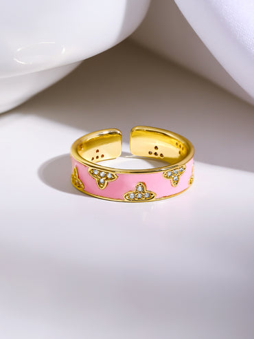 Gold Plated Floral Design Enamel Pink Finger Ring