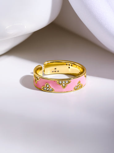 Gold Plated Floral Design Enamel Pink Finger Ring