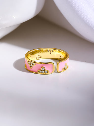Gold Plated Floral Design Enamel Pink Finger Ring