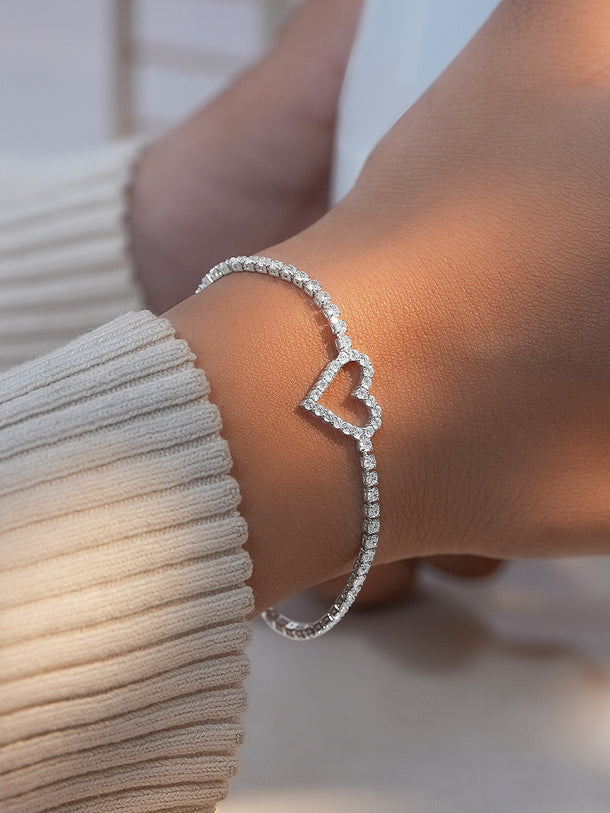 Rhodium Plated Heart Charm Silver Bracelet