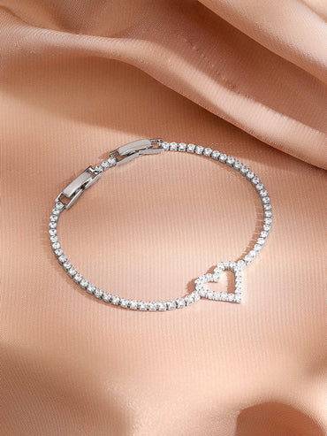 Rhodium Plated Heart Charm Silver Bracelet