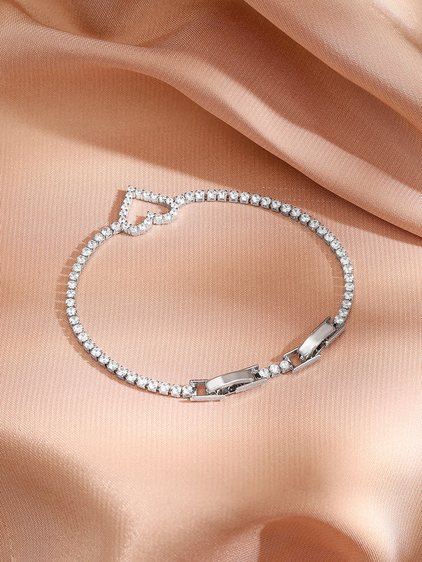 Rhodium Plated Heart Charm Silver Bracelet