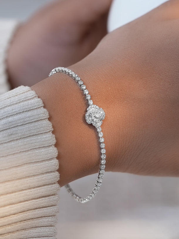 Rhodium Plated Floral Motif Silver Bracelet