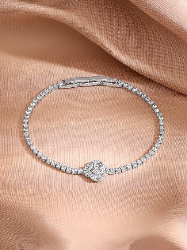 Rhodium Plated Floral Motif Silver Bracelet