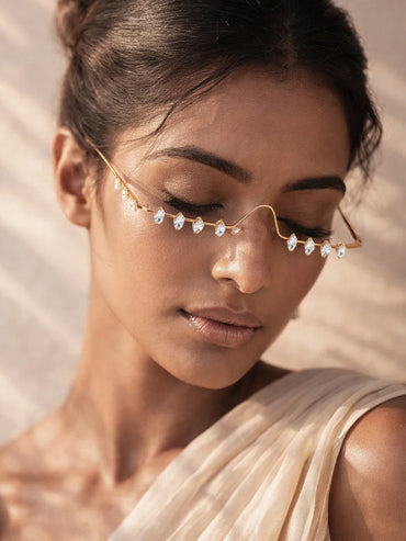 Gold Tone Brass Crystal Drop Curve Facelet Face Jewellery