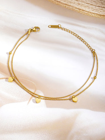 Gold Toned Double Layered Heart Motif Anklet