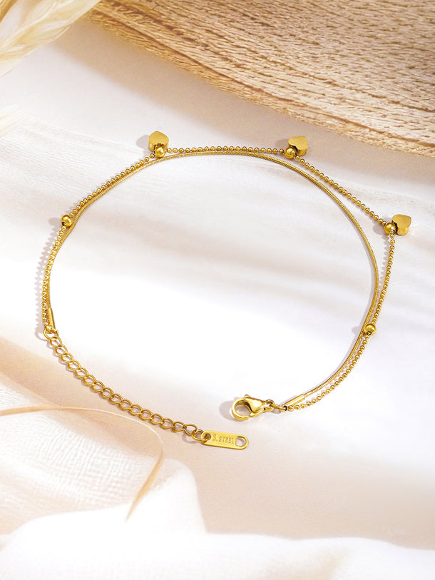 Gold Toned Double Layered Heart Motif Anklet