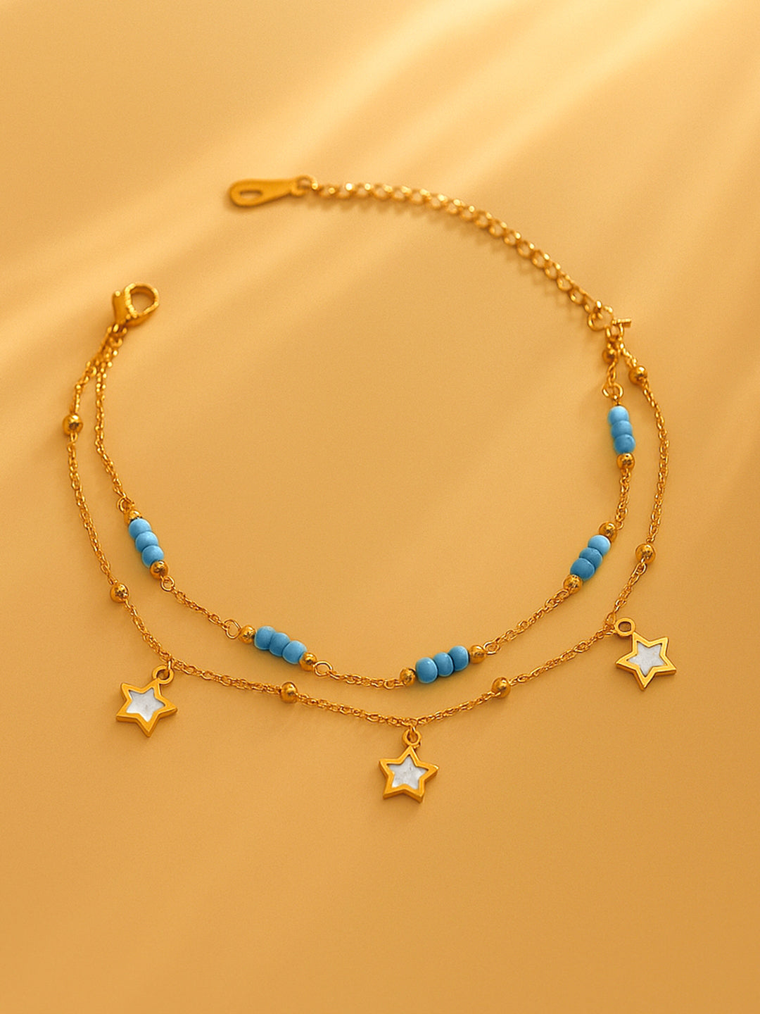 Rubans Stainless Steel 18K Gold-Plated Artificial Beaded Layered Anklet