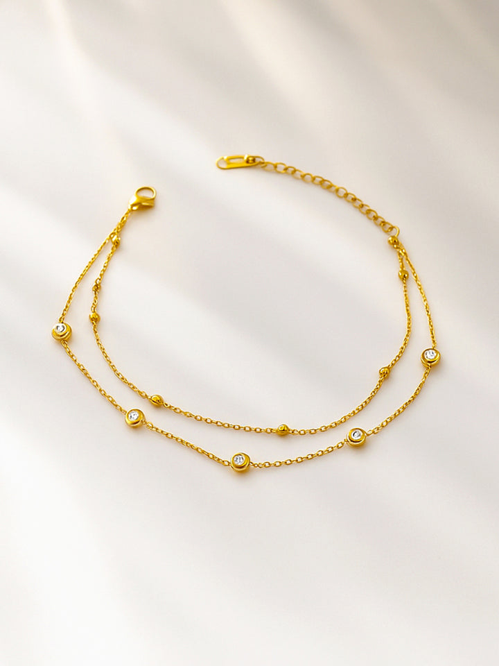 Rubans Stainless Steel 18K Gold-Plated Zircon Studded Layered Anklet