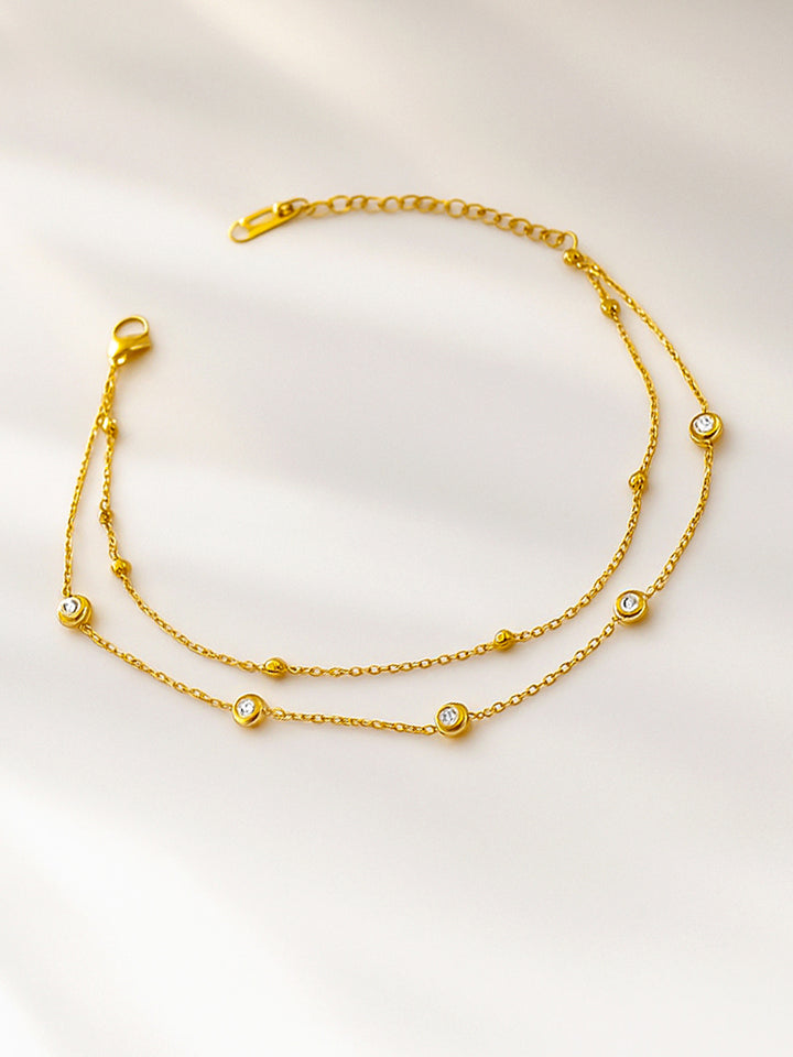 Rubans Stainless Steel 18K Gold-Plated Zircon Studded Layered Anklet