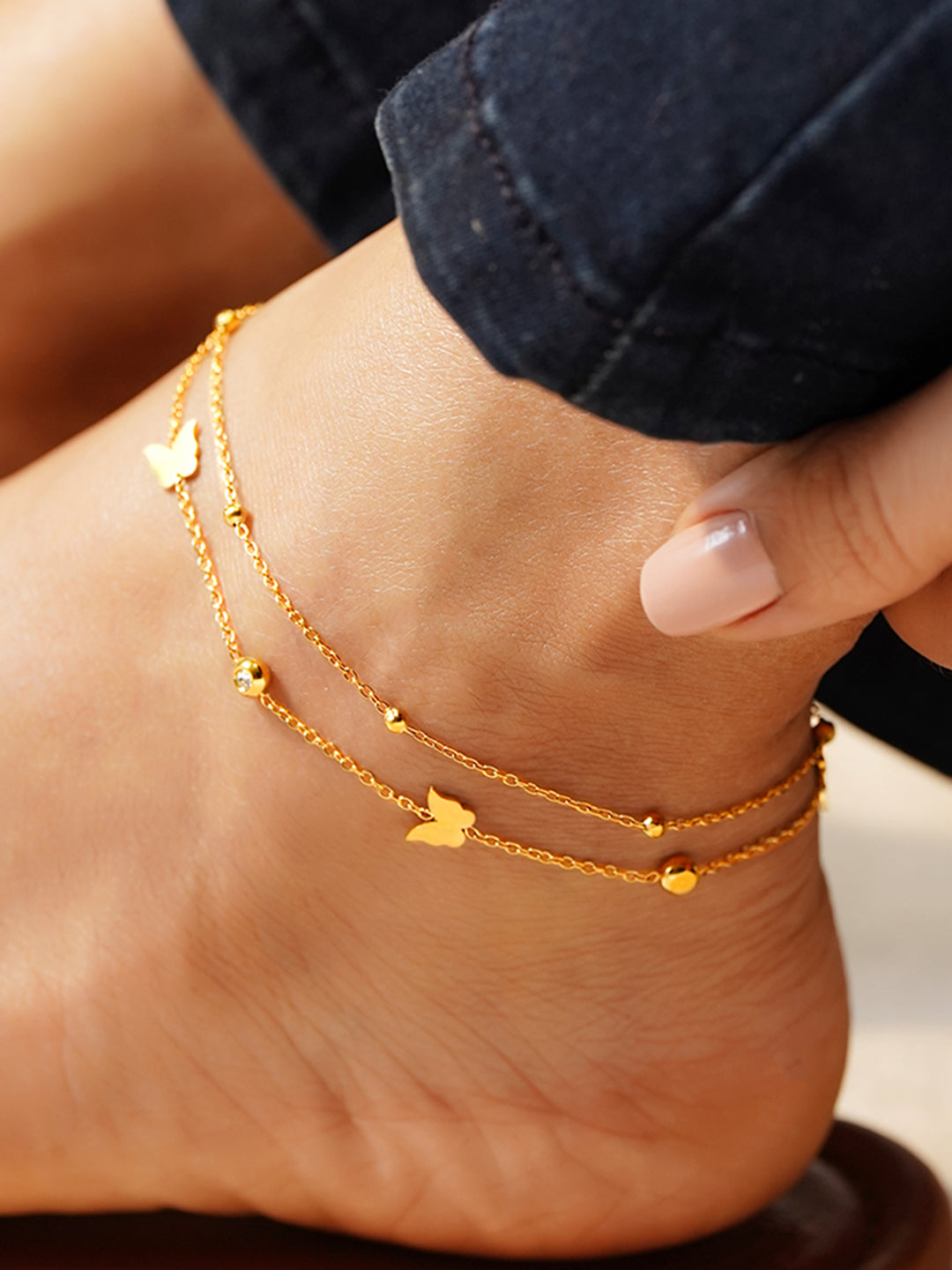 Rubans Stainless Steel 18K Gold-Plated Atificial Stones Studded Layered Anklet