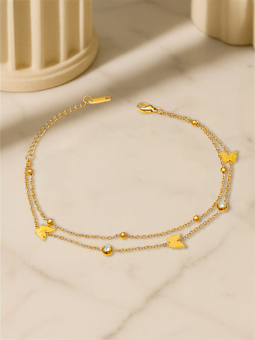 Dual Layered Chain Anklet With Butterfly Motif