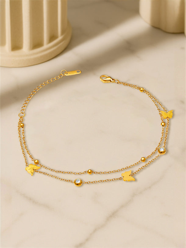 Dual Layered Chain Anklet With Butterfly Motif