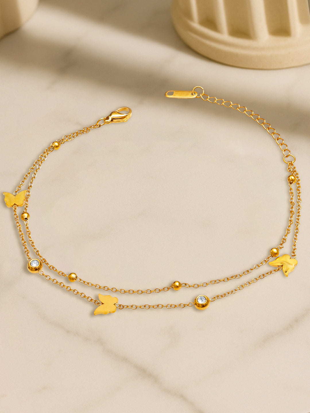 Rubans Stainless Steel 18K Gold-Plated Atificial Stones Studded Layered Anklet