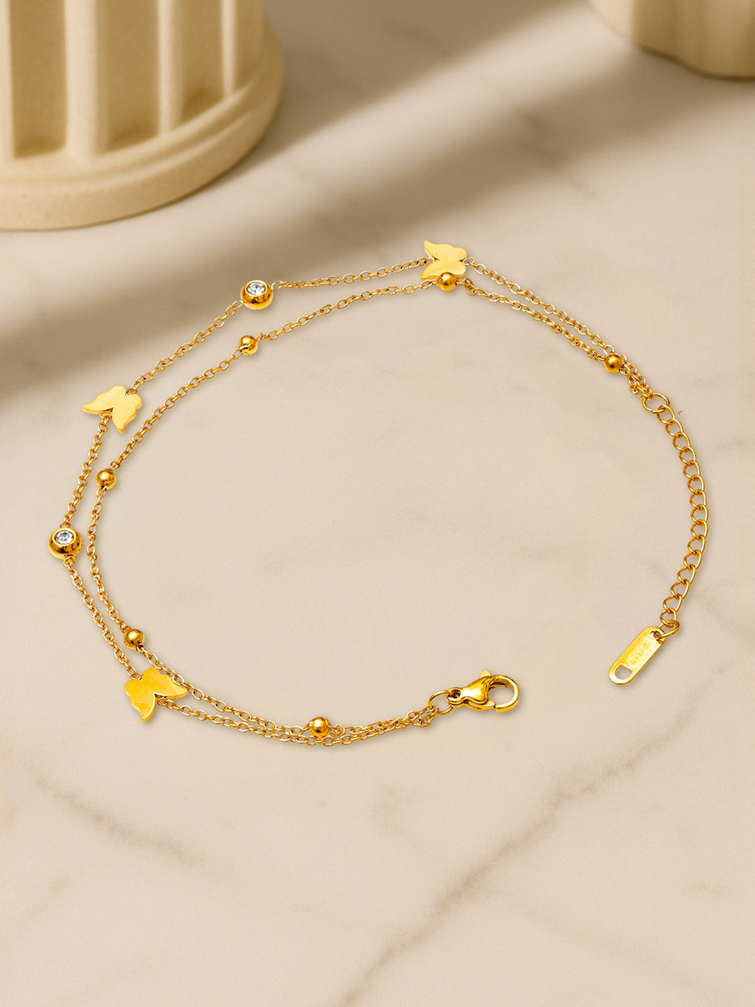 Rubans Stainless Steel 18K Gold-Plated Atificial Stones Studded Layered Anklet