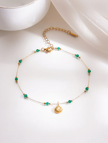 Demifine 18K Gold Plated Stainless steel Green Beaded Shell Charm Anklet