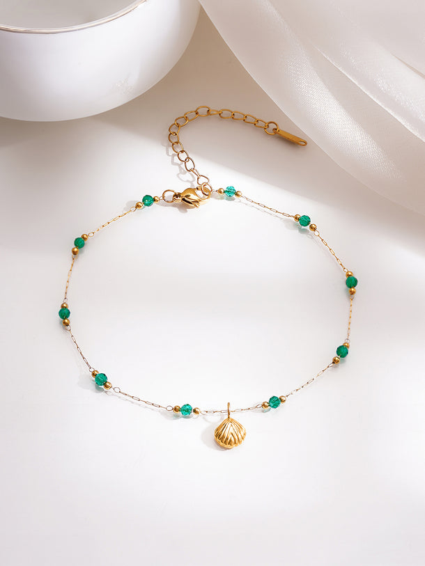 Demifine 18K Gold Plated Stainless steel Green Beaded Shell Charm Anklet