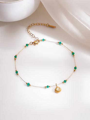 Demifine 18K Gold Plated Stainless steel Green Beaded Shell Charm Anklet
