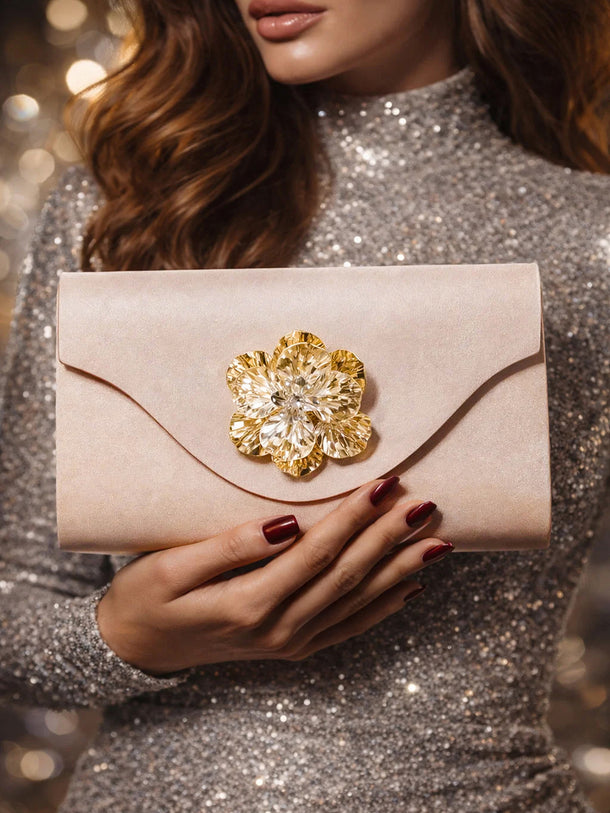 Gold Bloom Embellished Satin Clutch