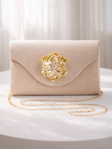 Gold Bloom Embellished Satin Clutch