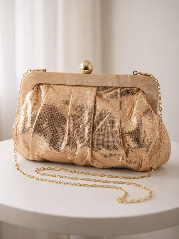 Shimmer Gold Sequin Draped Frame Clutch