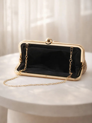 Shimmer Gold Sequin Draped Frame Clutch