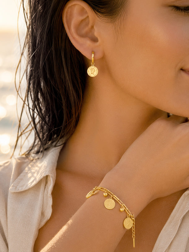 Demifine 18K Gold Plated Stainless Steel Coin Charm Bracelet & Drop Earrings