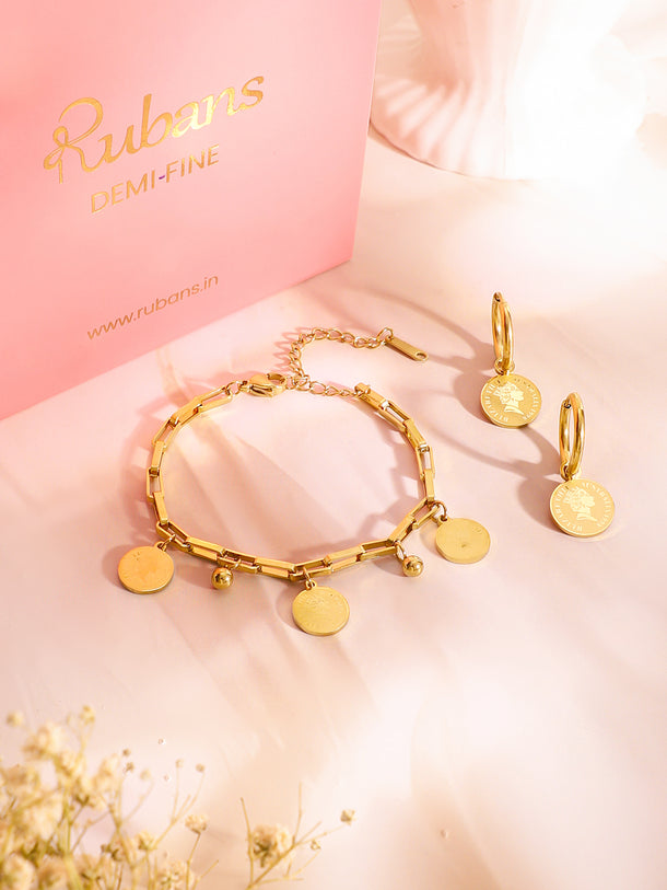 Demifine 18K Gold Plated Stainless Steel Coin Charm Bracelet & Drop Earrings