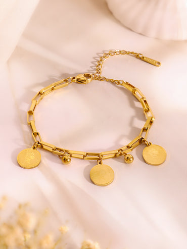 Demifine 18K Gold Plated Stainless Steel Coin Charm Bracelet & Drop Earrings