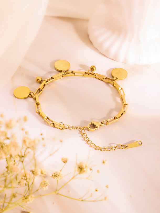 Demifine 18K Gold Plated Stainless Steel Coin Charm Bracelet & Drop Earrings