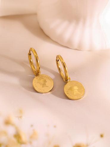 Demifine 18K Gold Plated Stainless Steel Coin Charm Bracelet & Drop Earrings