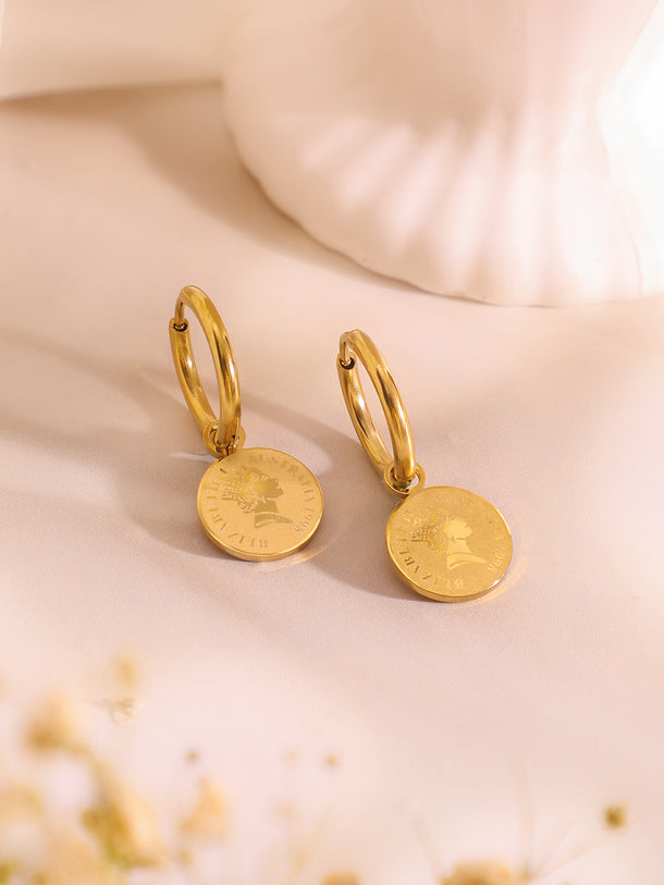 Demifine 18K Gold Plated Stainless Steel Coin Charm Bracelet & Drop Earrings
