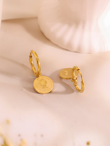 Demifine 18K Gold Plated Stainless Steel Coin Charm Bracelet & Drop Earrings