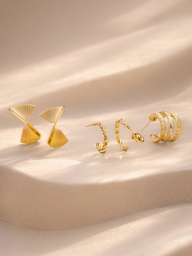 Gold Plated Twisted Sculpted Hoop Earrings Set