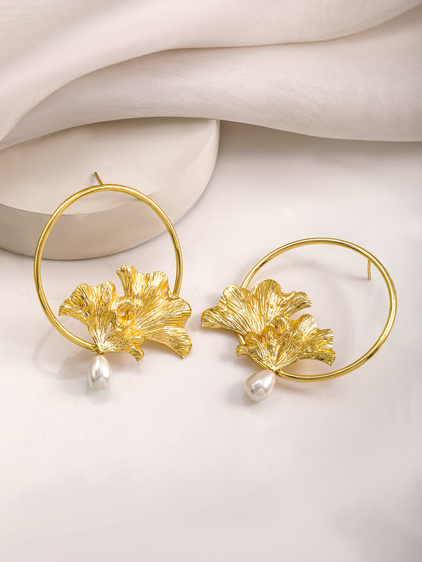 Gold Floral Motif Pearl Hoop Earrings