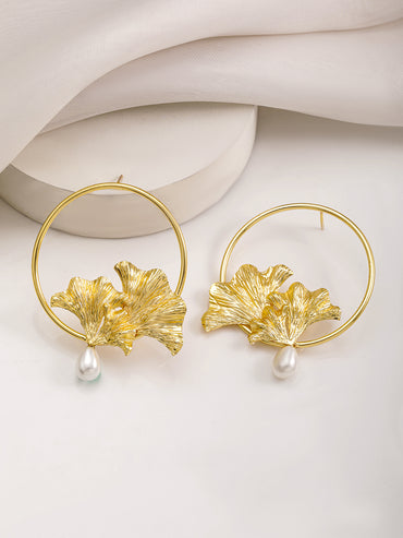 Gold Floral Motif Pearl Hoop Earrings