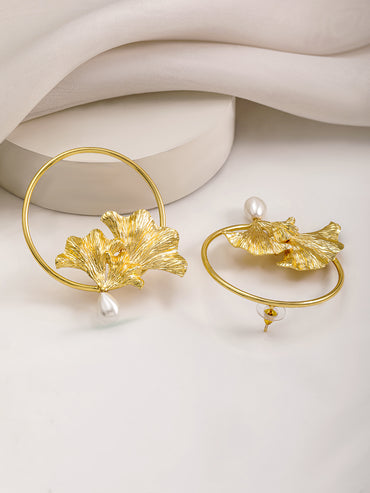 Gold Floral Motif Pearl Hoop Earrings