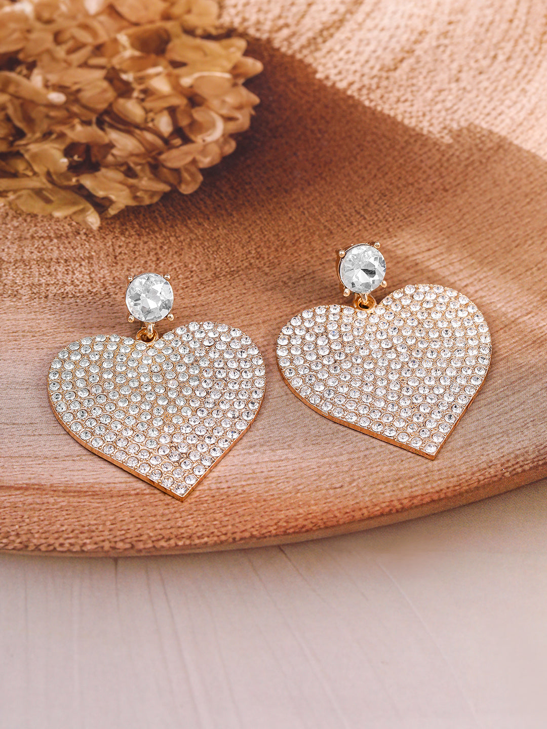 Rubans 18K Gold-Plated Shimmery AD & Cubic Zirconia Studded Heart Dangle Earrings