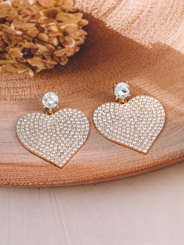 Heart Motif Crystal Studded Gold Drop Earrings