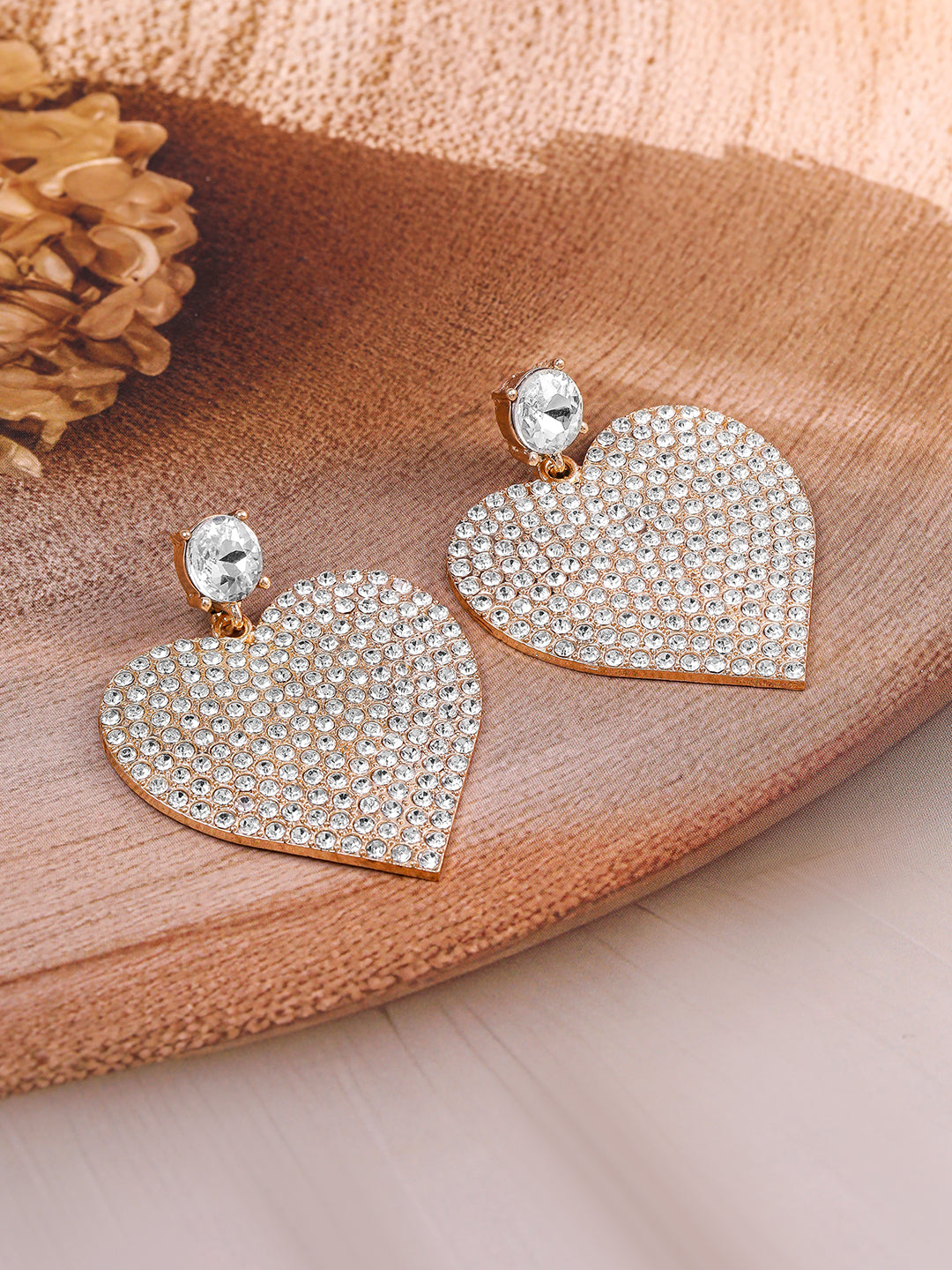Rubans 18K Gold-Plated Shimmery AD & Cubic Zirconia Studded Heart Dangle Earrings