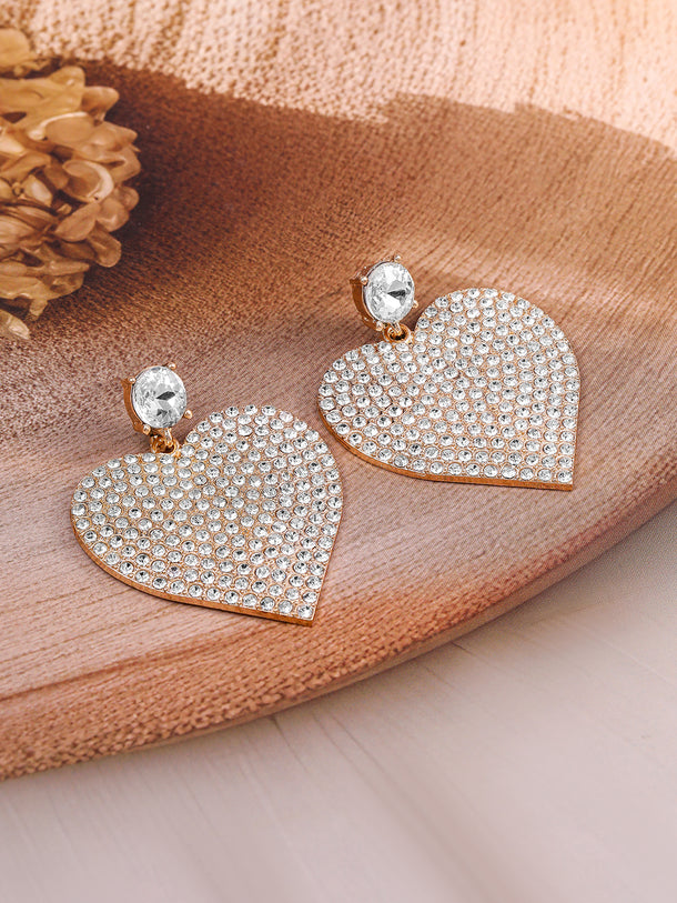 Heart Motif Crystal Studded Gold Drop Earrings