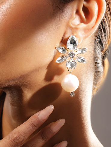 Flower Crystal Pearl Drop Earrings