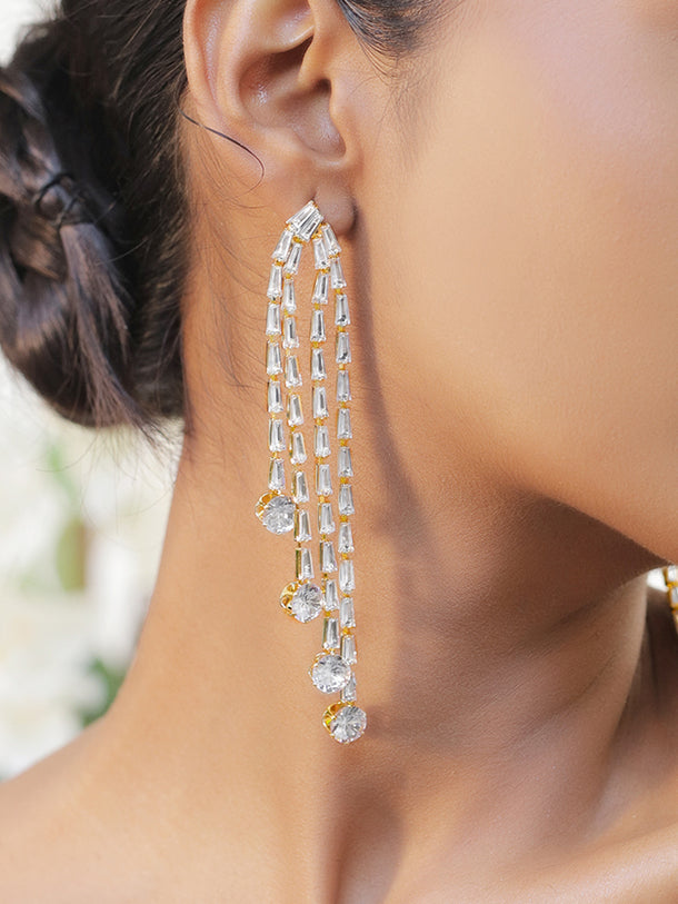 Baguette Oval American Diamond Zirconia Line Dangler Earrings