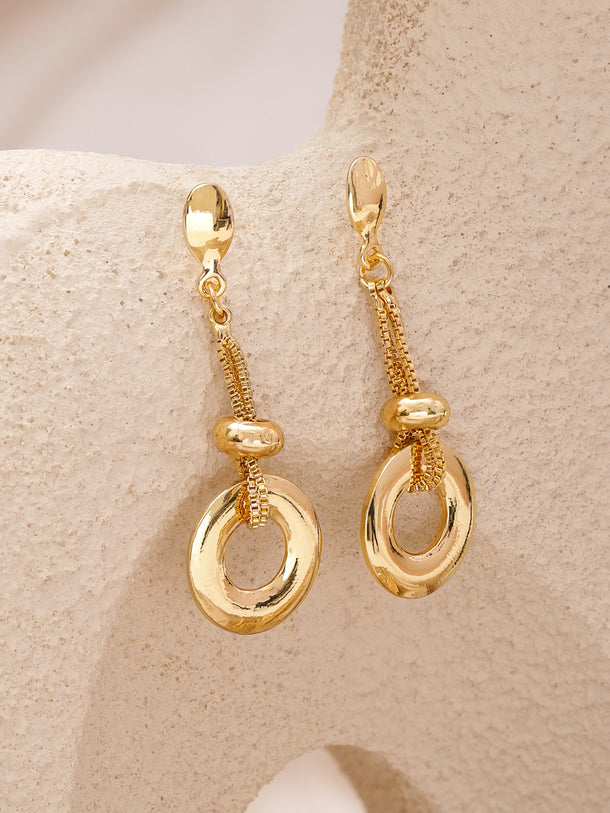 Rubans 22K Gold-Plated Brass Modern Hoop Dangler Earrings with Chain & Bead Accent